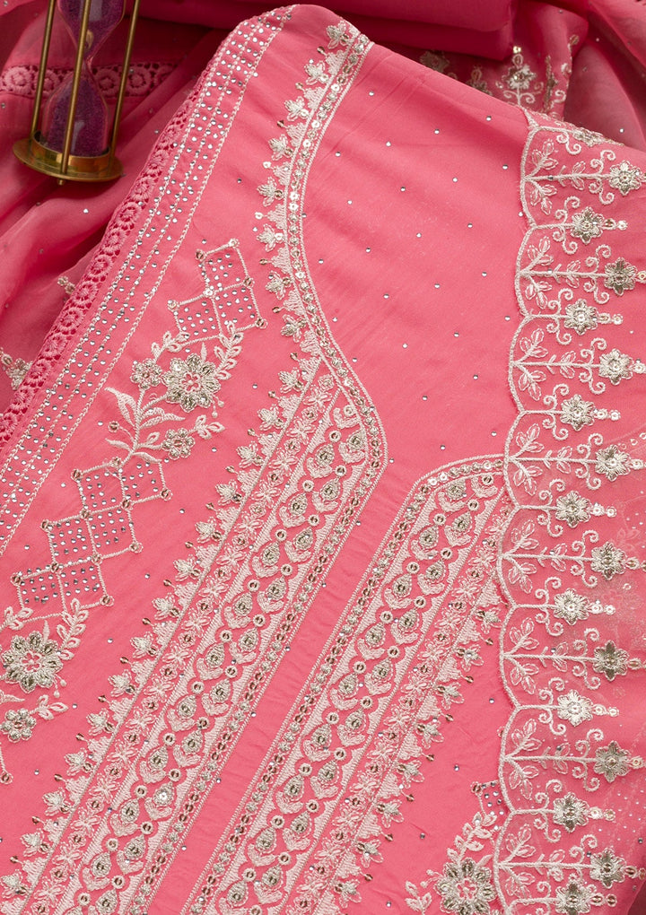 Pink Swarovski Tissue Unstitched Salwar Suit-Koskii
