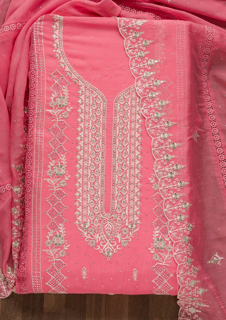 Pink Swarovski Tissue Unstitched Salwar Suit-Koskii
