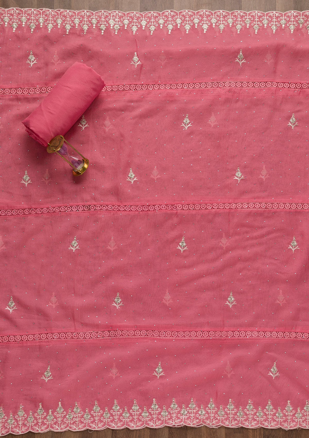 Pink Swarovski Tissue Unstitched Salwar Suit-Koskii