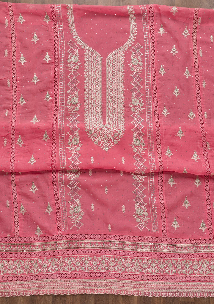 Pink Swarovski Tissue Unstitched Salwar Suit-Koskii
