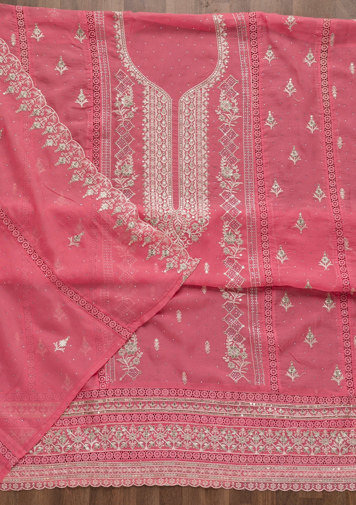 Pink Swarovski Tissue Unstitched Salwar Suit-Koskii