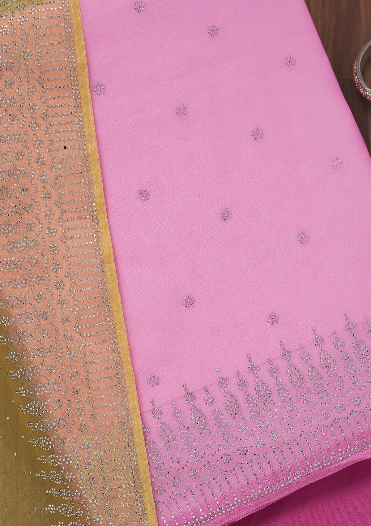 Pink Swarovski Tissue Unstitched Salwar Suit-Koskii