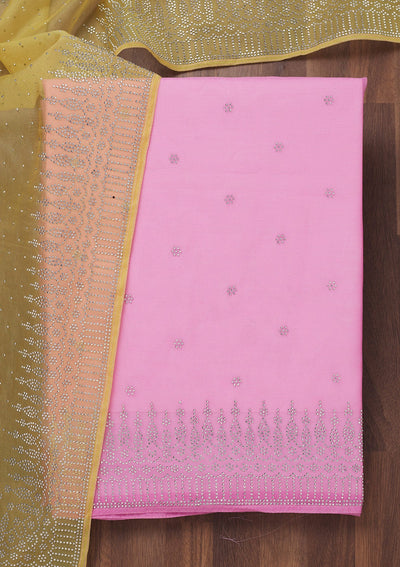 Pink Swarovski Tissue Unstitched Salwar Suit-Koskii