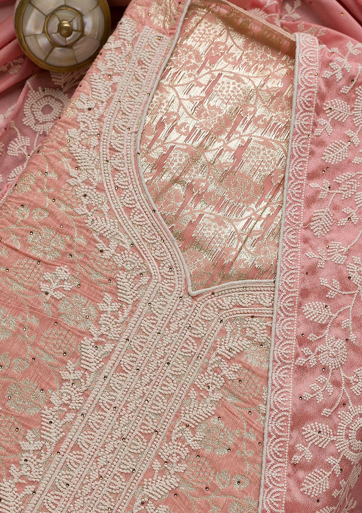 Pink Threadwork Banarasi Unstitched Salwar Suit-Koskii