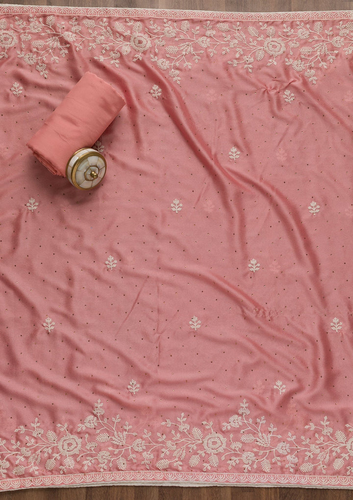 Pink Threadwork Banarasi Unstitched Salwar Suit-Koskii