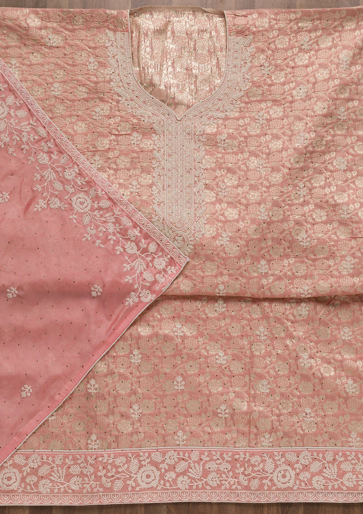 Pink Threadwork Banarasi Unstitched Salwar Suit-Koskii