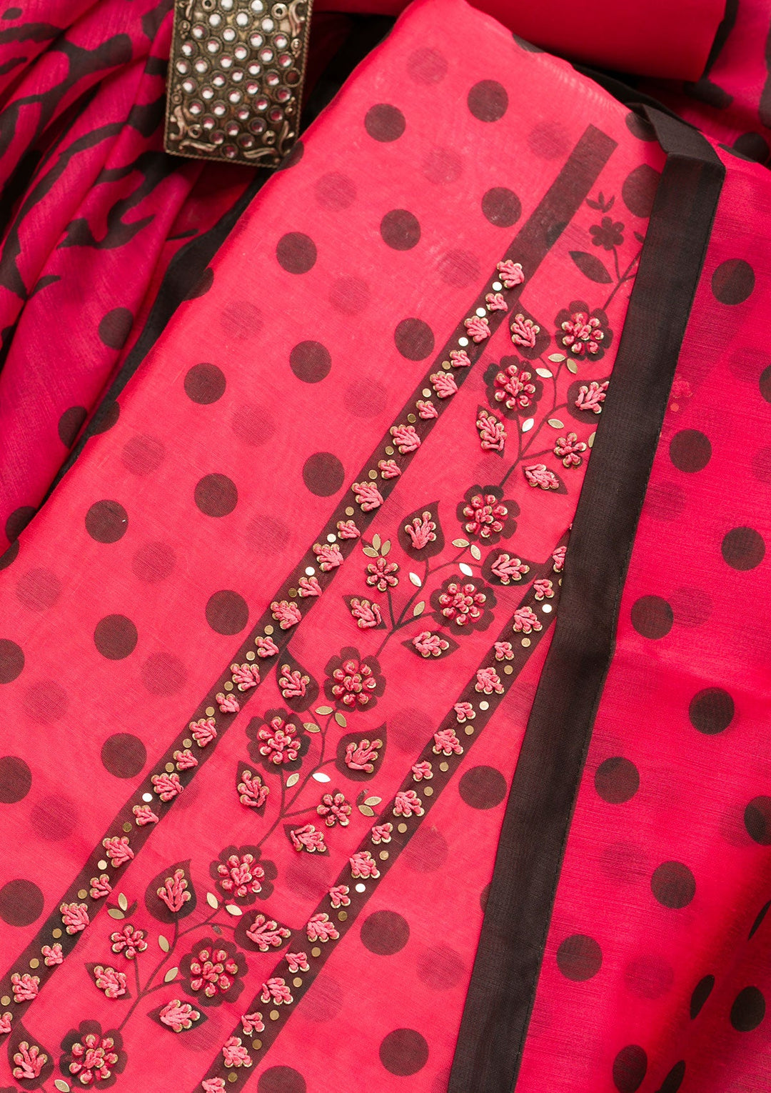 Pink Threadwork Chanderi Unstitched Salwar Suit-Koskii