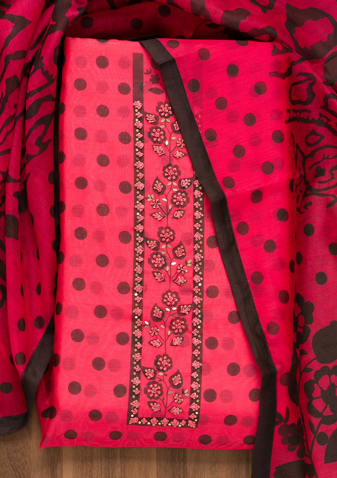 Pink Threadwork Chanderi Unstitched Salwar Suit-Koskii
