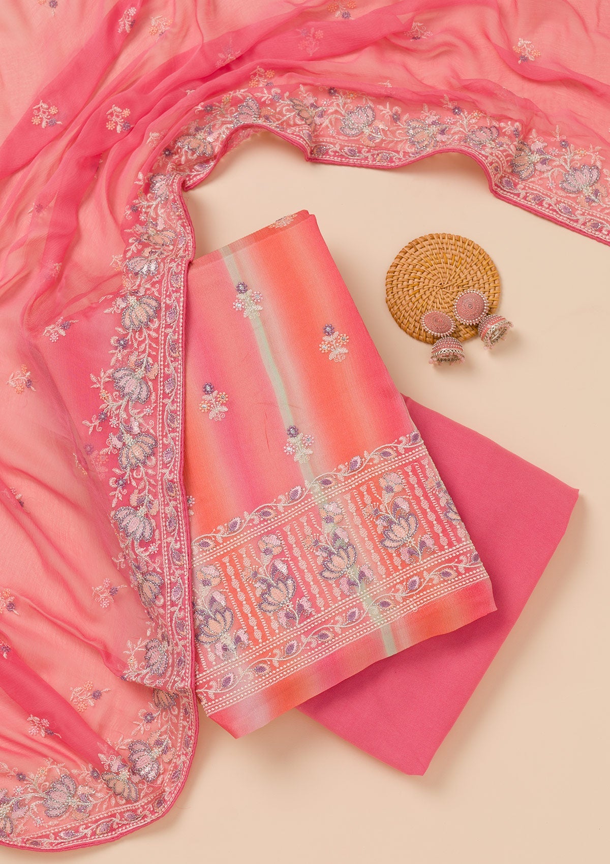 Pink Threadwork Chiffon Unstitched Salwar Suit-Koskii