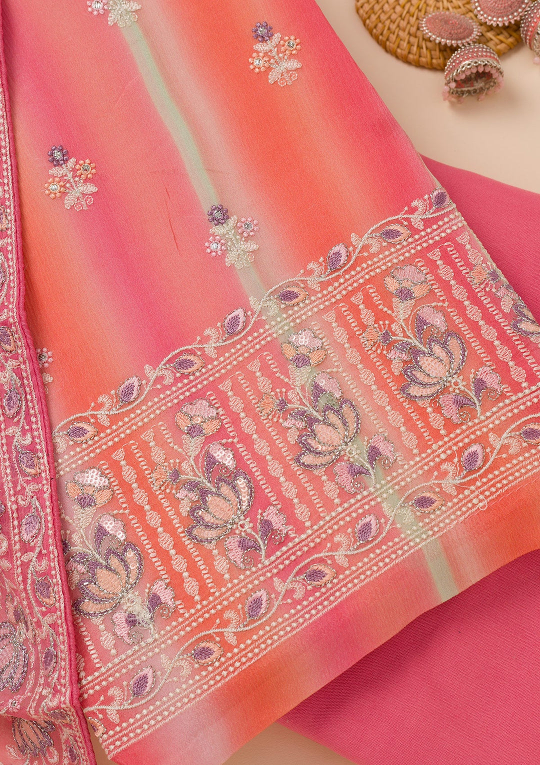 Pink Threadwork Chiffon Unstitched Salwar Suit-Koskii