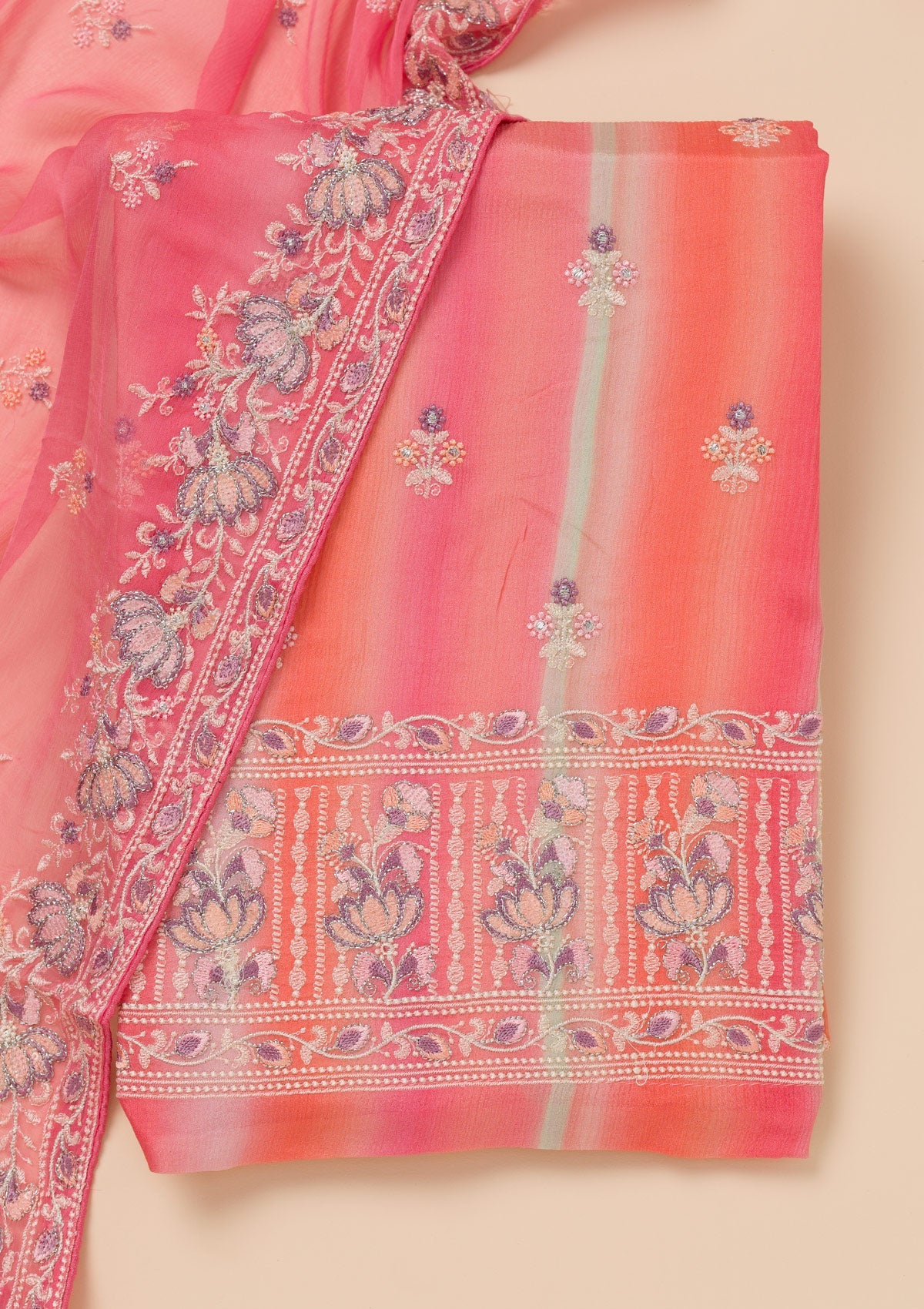 Pink Threadwork Chiffon Unstitched Salwar Suit-Koskii