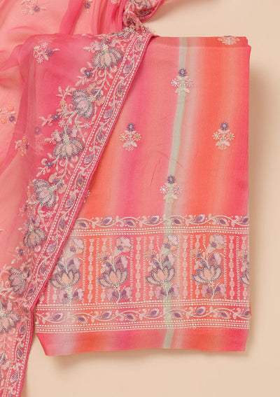 Pink Threadwork Chiffon Unstitched Salwar Suit-Koskii