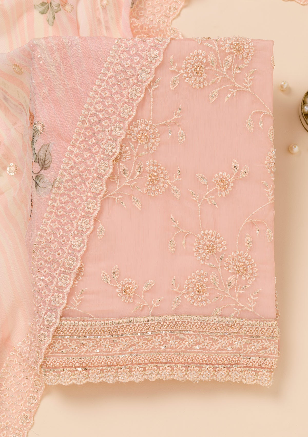 Pink Threadwork Chiffon Unstitched Salwar Suit-Koskii