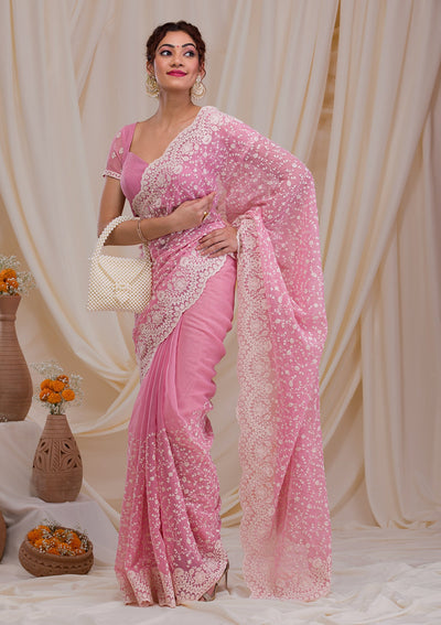 Pink Threadwork Chiffon Saree-Koskii