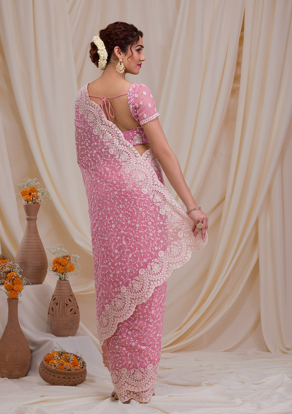 Pink Threadwork Chiffon Saree-Koskii