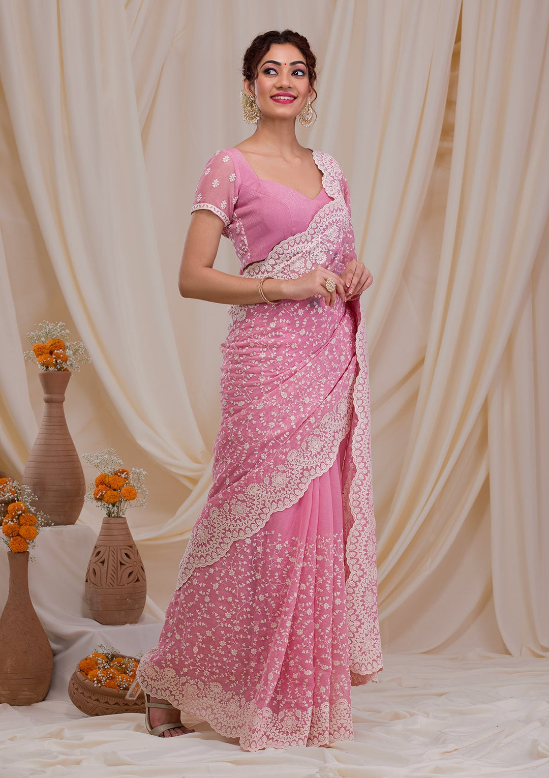 Pink Threadwork Chiffon Saree-Koskii