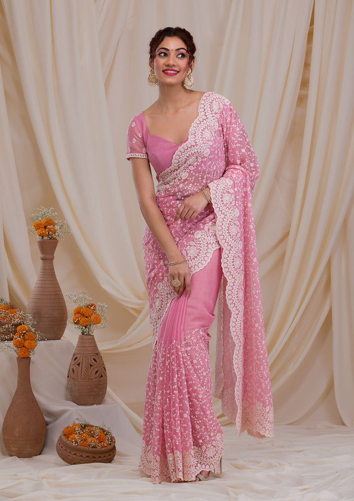 Pink Threadwork Chiffon Saree-Koskii