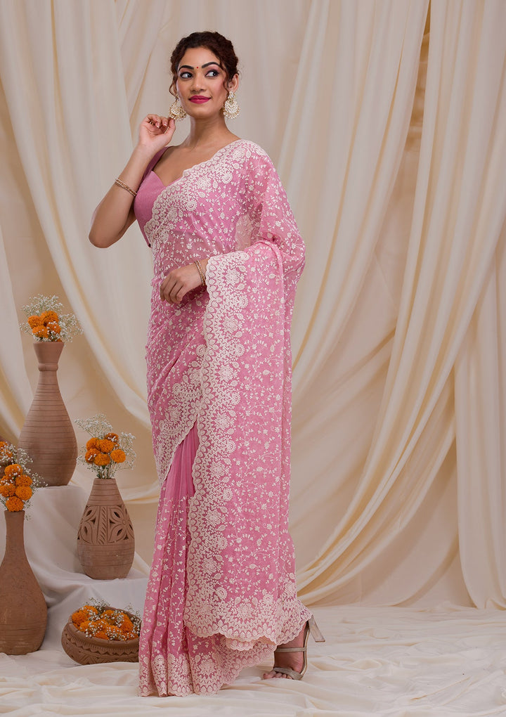 Pink Threadwork Chiffon Saree-Koskii