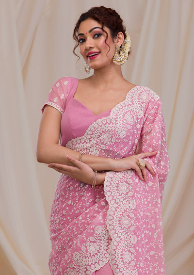 Pink Threadwork Chiffon Saree-Koskii