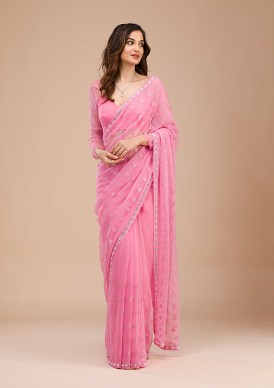 Pink Threadwork Chiffon Saree-Koskii