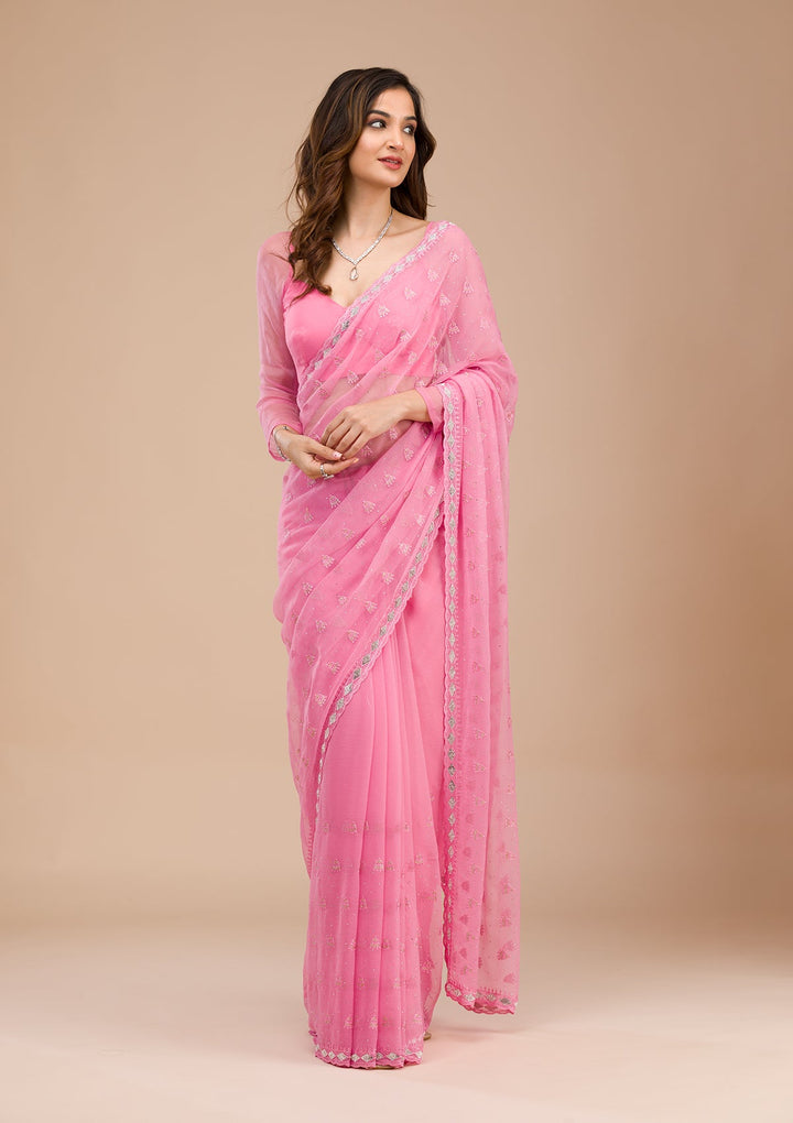 Buy Pink Threadwork Chiffon Saree - Koskii