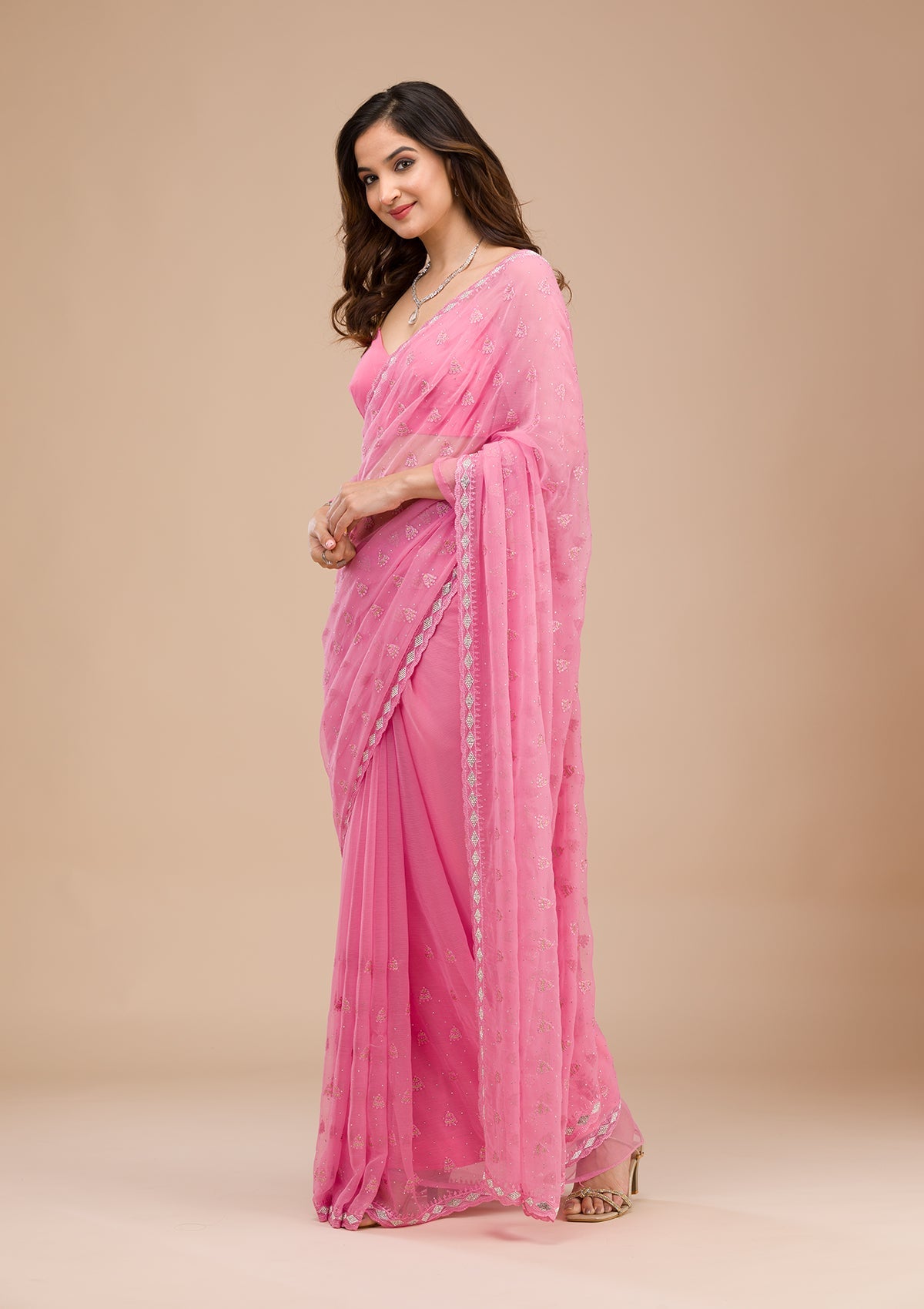 Pink Threadwork Chiffon Saree-Koskii