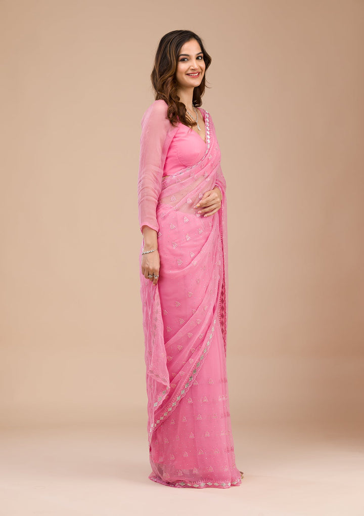 Pink Threadwork Chiffon Saree-Koskii