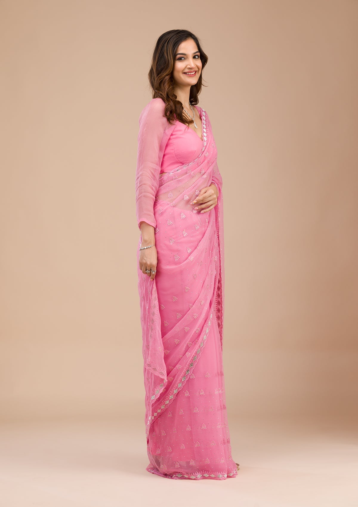 Pink Threadwork Chiffon Saree-Koskii