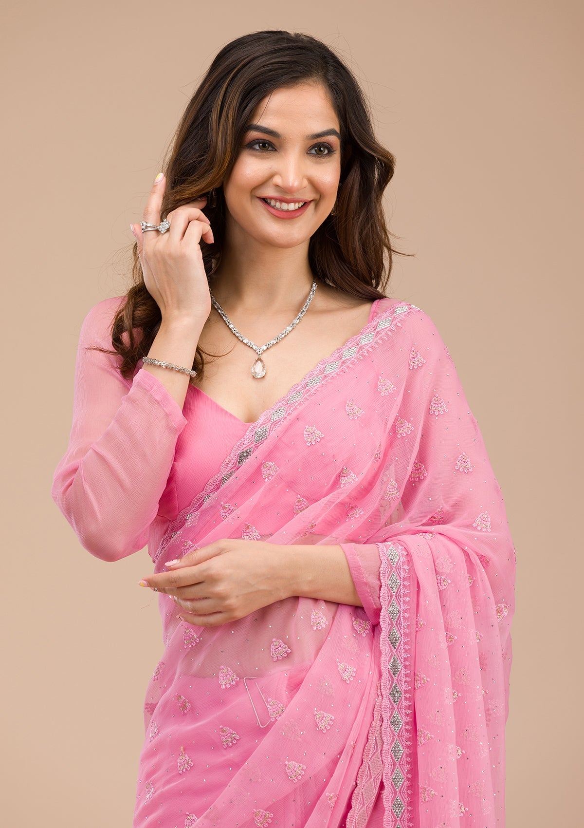 Pink Threadwork Chiffon Saree-Koskii