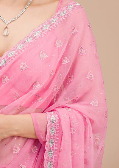 Pink Threadwork Chiffon Saree-Koskii