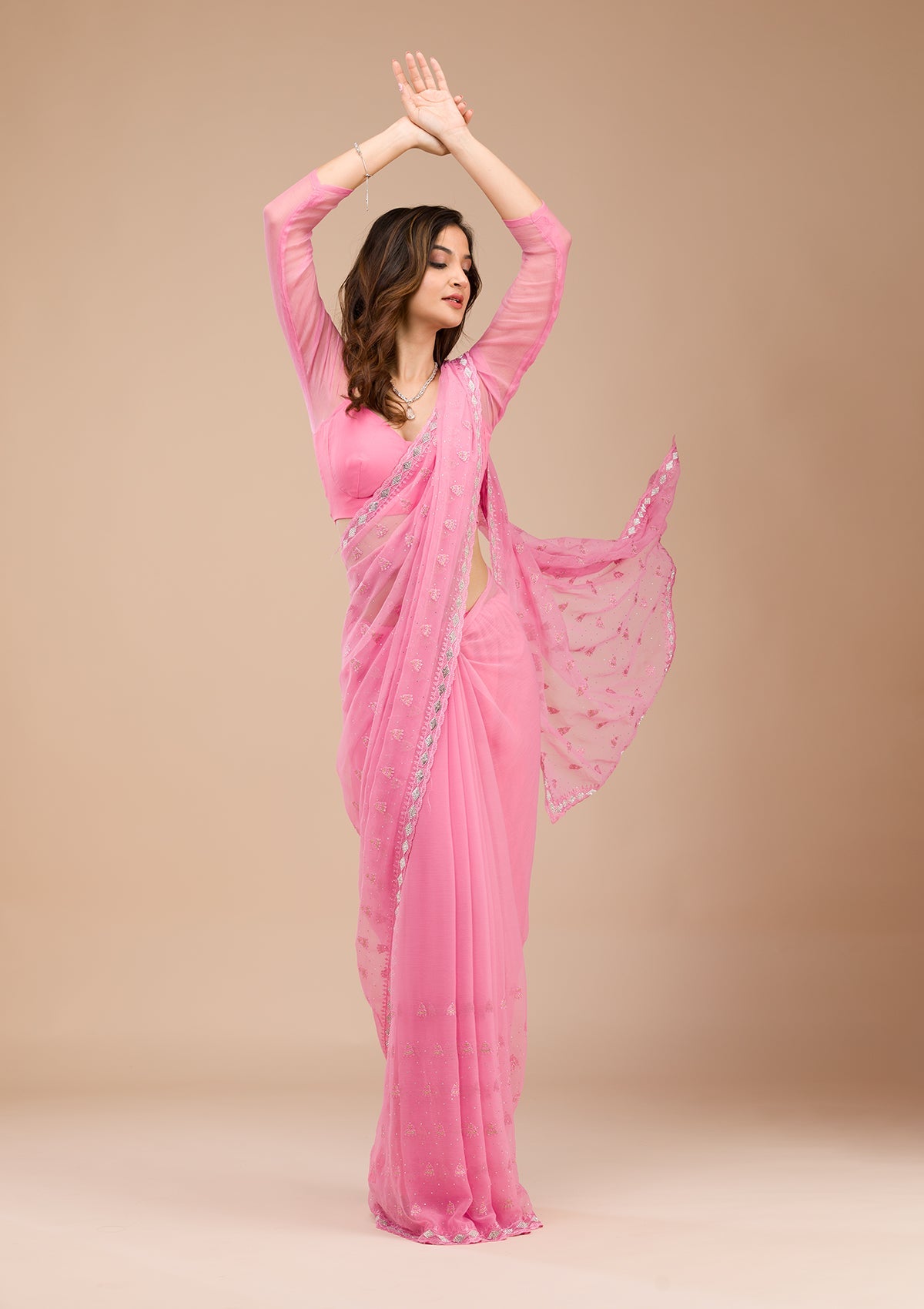 Pink Threadwork Chiffon Saree-Koskii