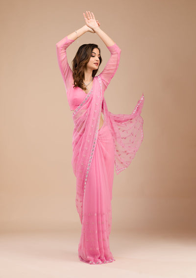 Pink Threadwork Chiffon Saree-Koskii