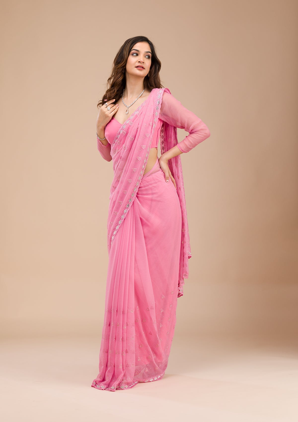 Pink Threadwork Chiffon Saree-Koskii