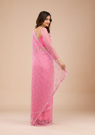 Pink Threadwork Chiffon Saree-Koskii