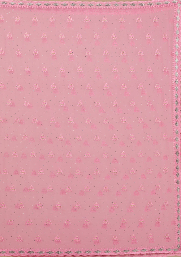 Pink Threadwork Chiffon Saree-Koskii