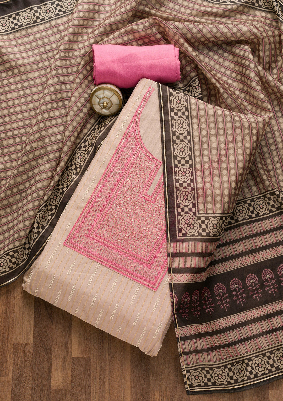 Pink Threadwork Cotton Unstitched Salwar Suit-Koskii