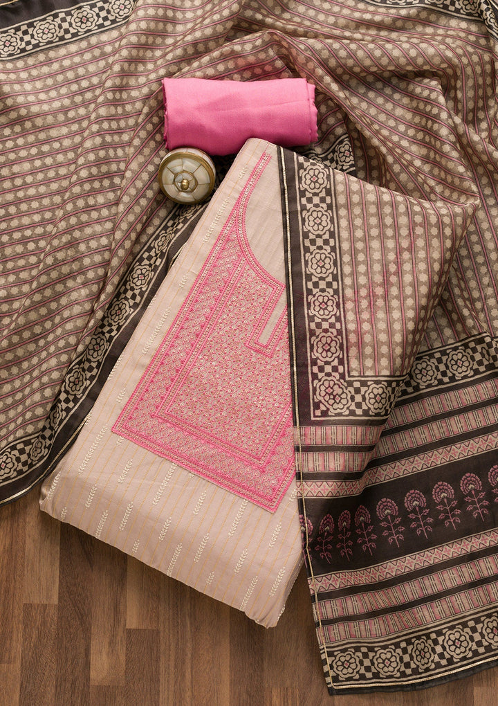 Pink Threadwork Cotton Unstitched Salwar Suit-Koskii