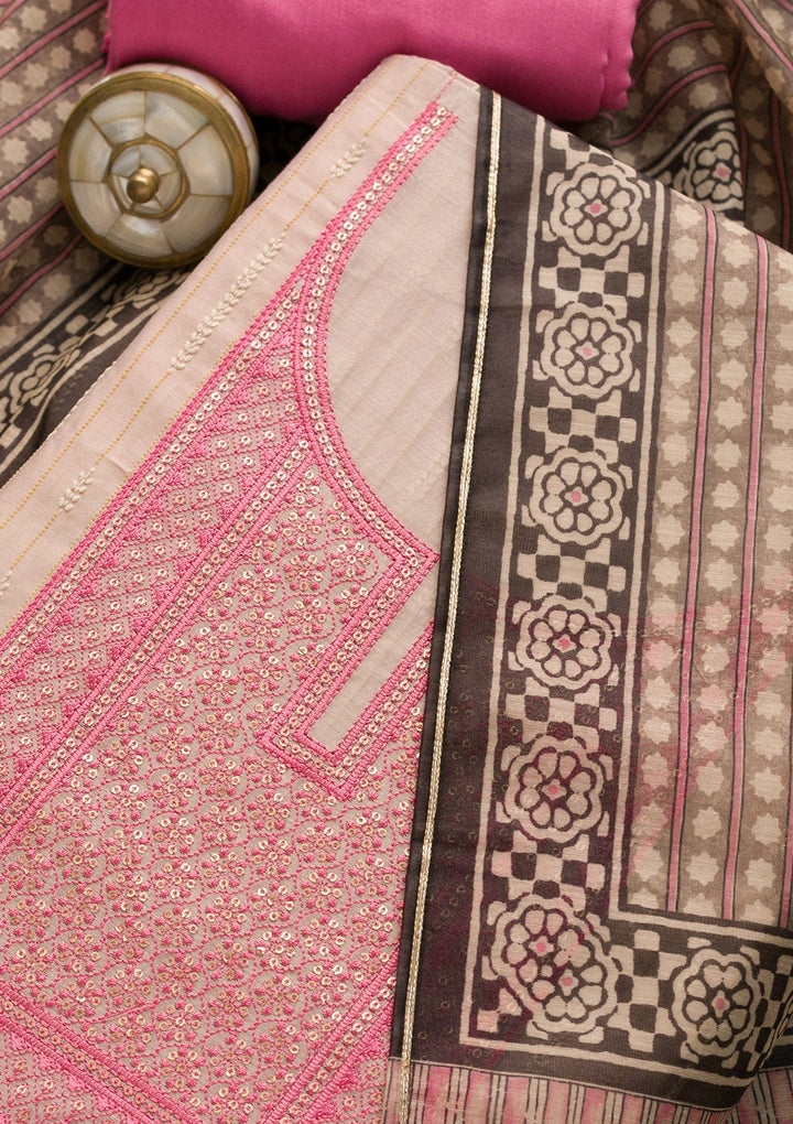 Pink Threadwork Cotton Unstitched Salwar Suit-Koskii