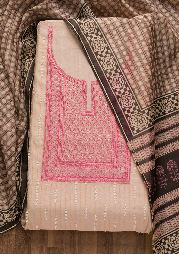 Pink Threadwork Cotton Unstitched Salwar Suit-Koskii