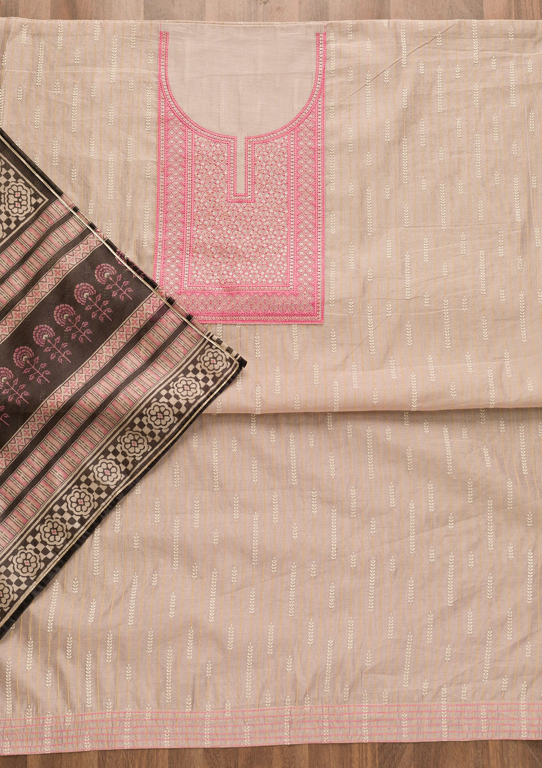 Pink Threadwork Cotton Unstitched Salwar Suit-Koskii