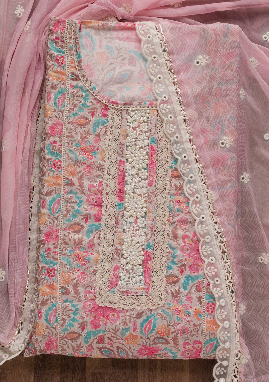 Pink Threadwork Cotton Unstitched Salwar Suit-Koskii
