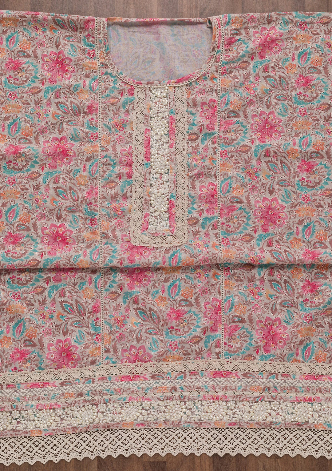Pink Threadwork Cotton Unstitched Salwar Suit-Koskii