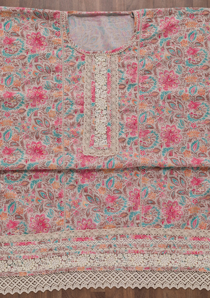 Pink Threadwork Cotton Unstitched Salwar Suit-Koskii