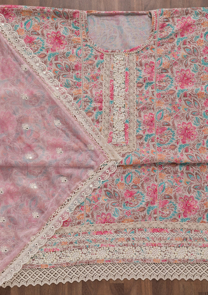 Pink Threadwork Cotton Unstitched Salwar Suit-Koskii