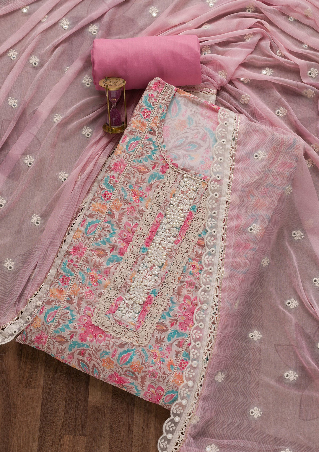 Pink Threadwork Cotton Unstitched Salwar Suit-Koskii