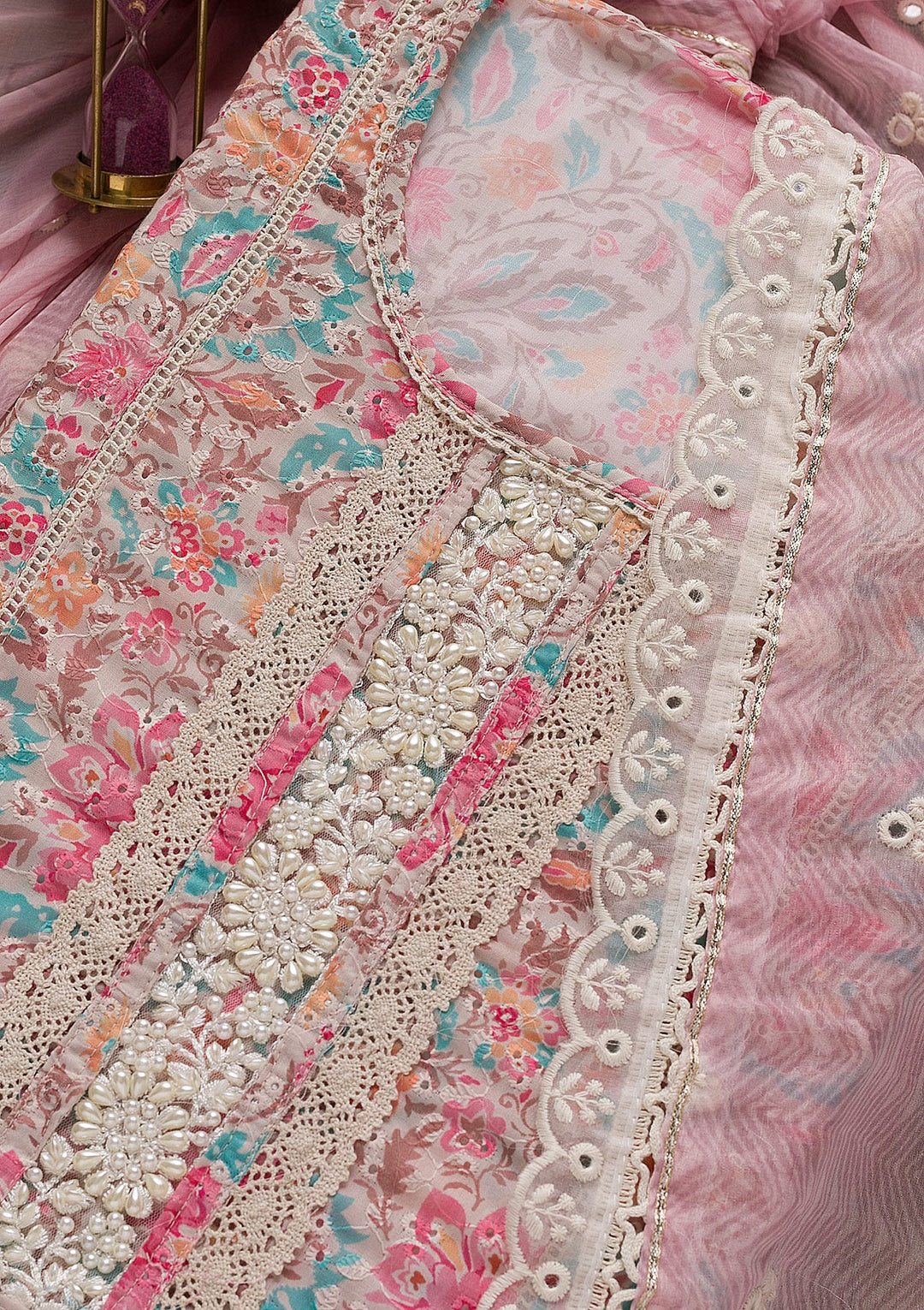 Pink Threadwork Cotton Unstitched Salwar Suit-Koskii