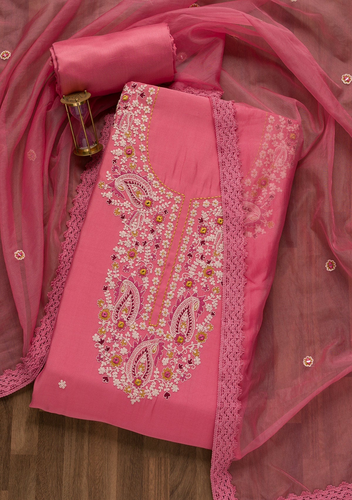 Pink Threadwork Cotton Unstitched Salwar Suit-Koskii