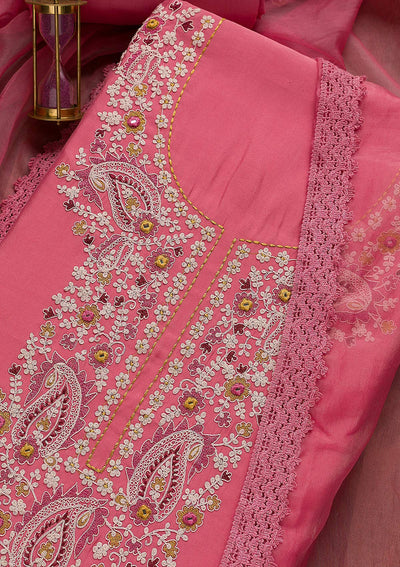 Pink Threadwork Cotton Unstitched Salwar Suit-Koskii