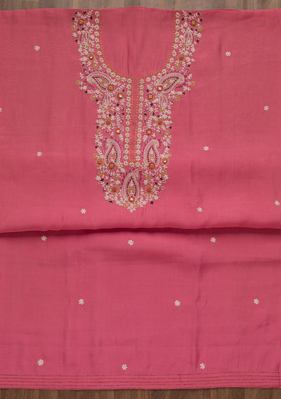 Pink Threadwork Cotton Unstitched Salwar Suit-Koskii