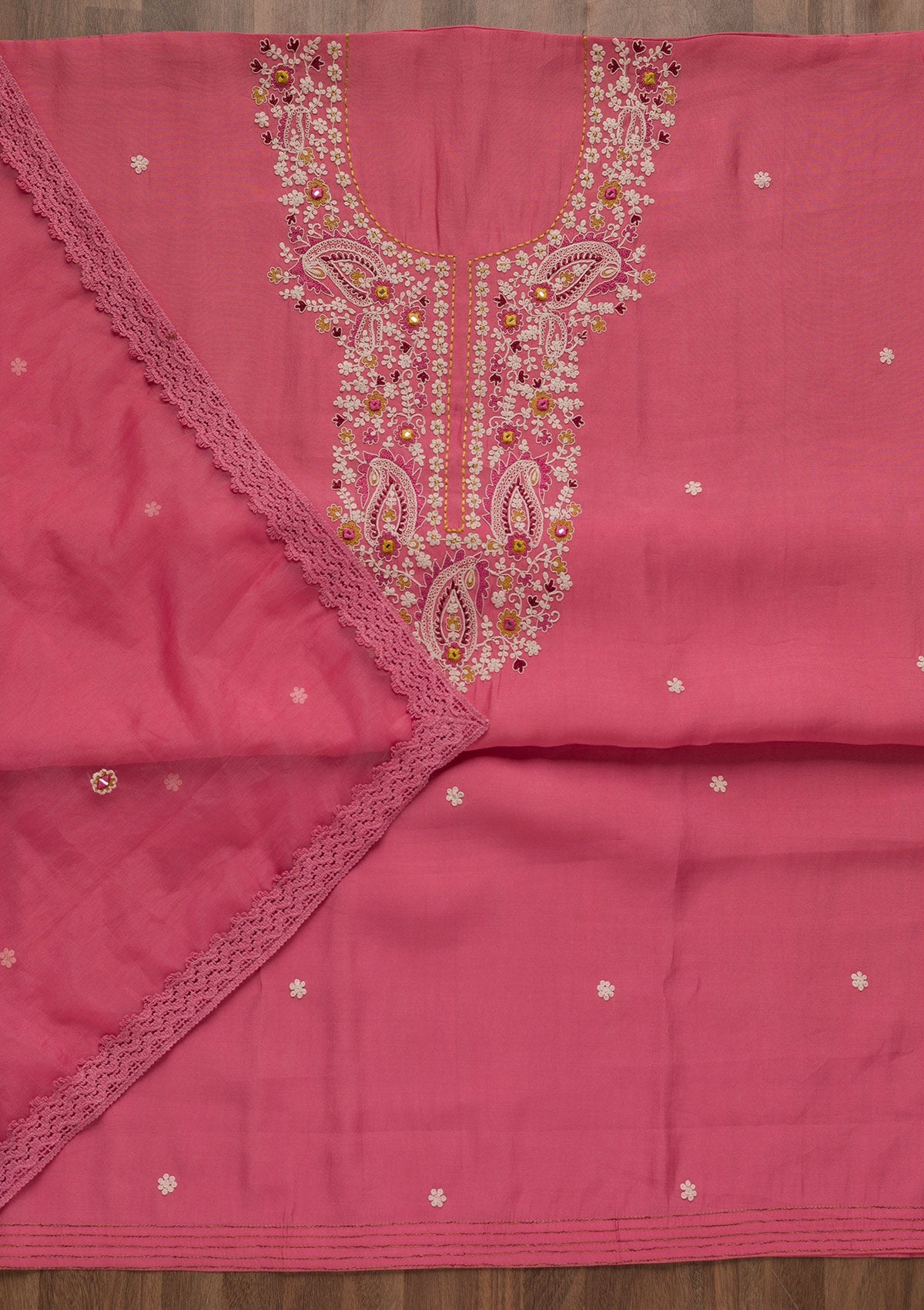 Pink Threadwork Cotton Unstitched Salwar Suit-Koskii